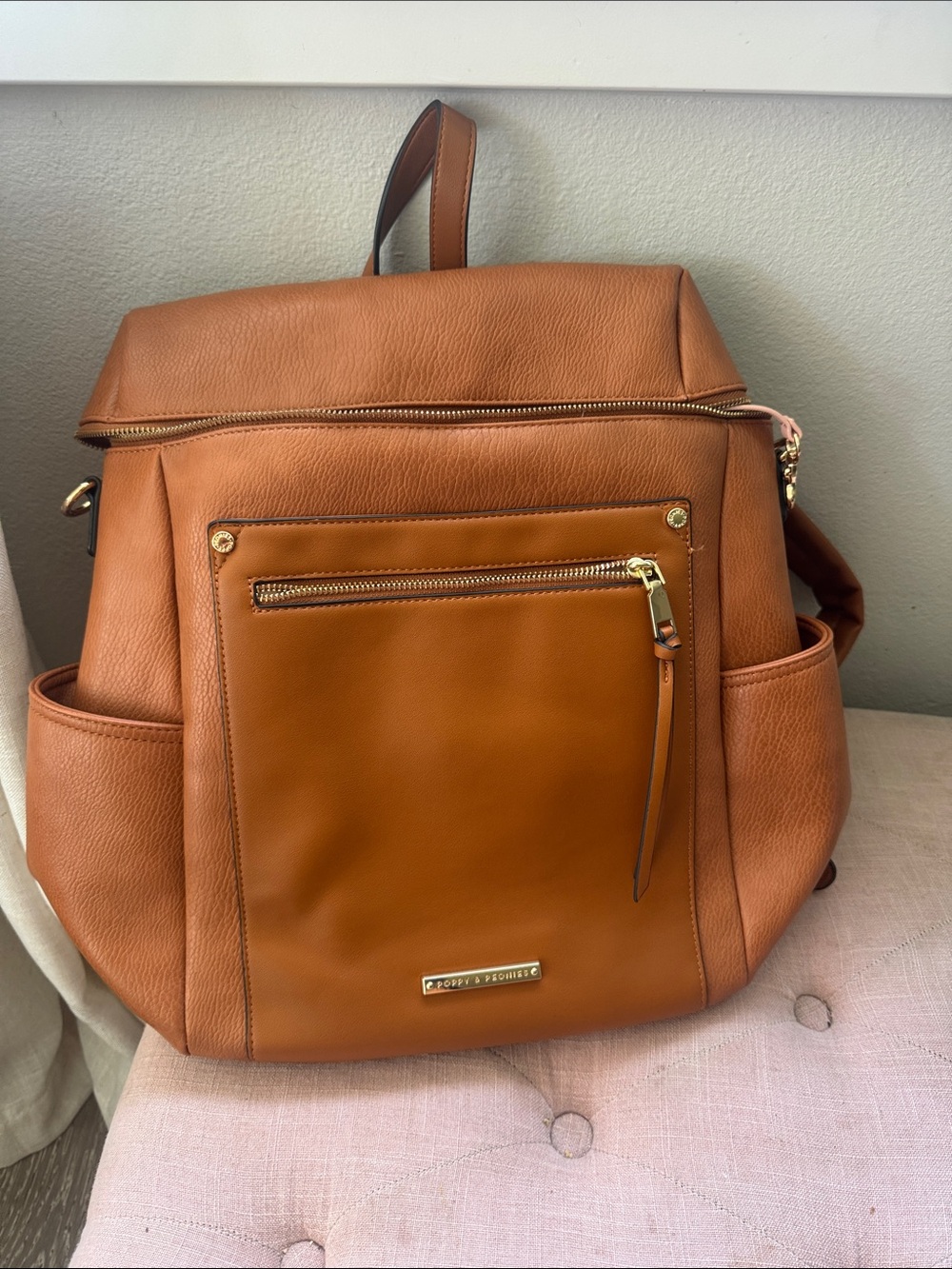 Poppy & Peonies NWOT Commuter Backpack Weekender bag Cognac MISSING STRAP brown - Picture 8 of 12